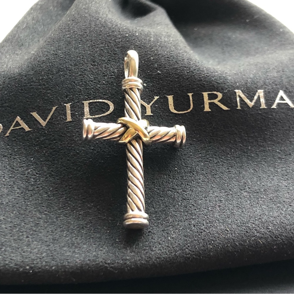 DAVID YURMAN CABLE CROSS STERLING SILVER & 18K YELLOW GOLD PENDANT NECKL…